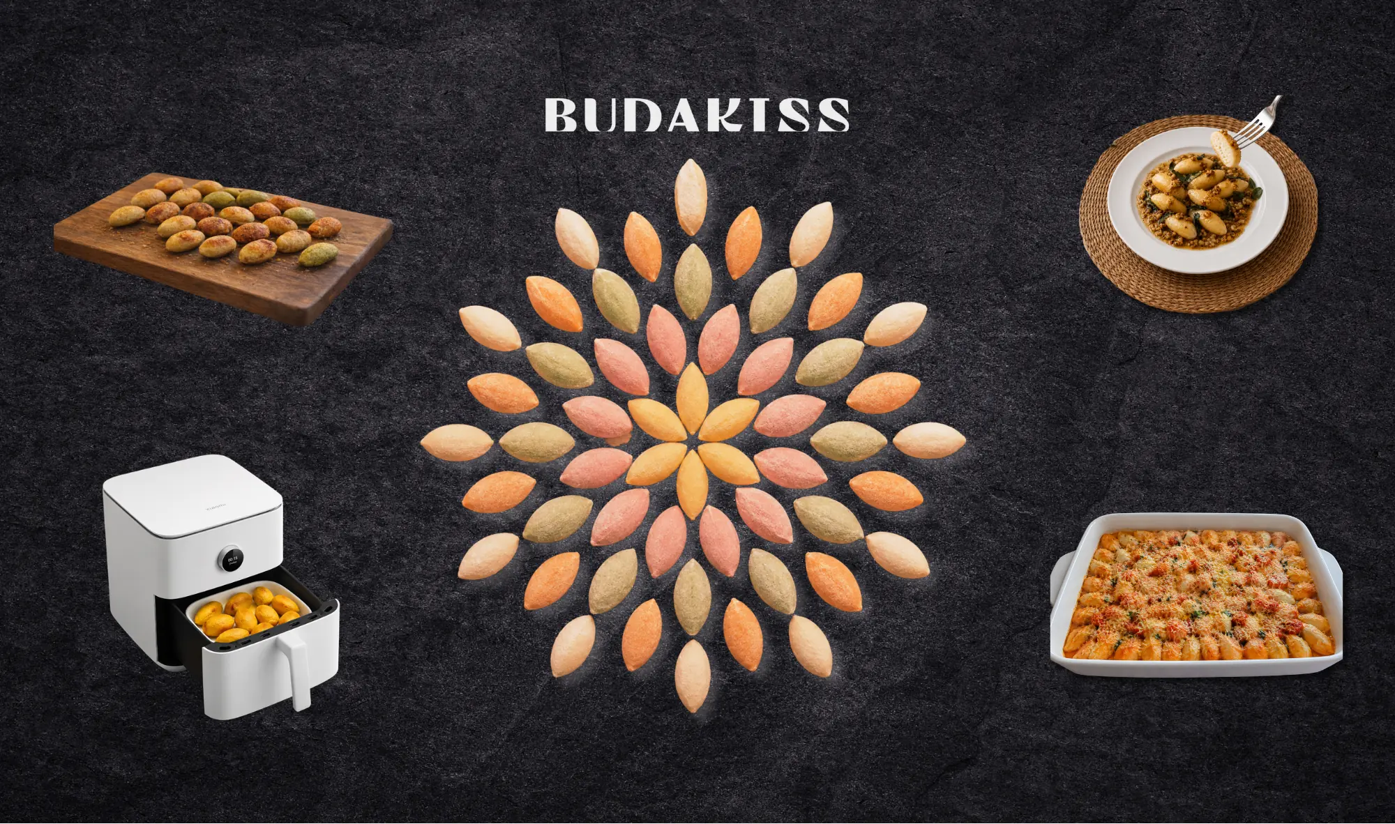 Mandala de Budakiss en tonos naranja, verde y rosa sobre pizarra oscura, rodeado por cuatro fotos: una tabla de madera con Budakiss dorados, un plato servido con salsa, una freidora de aire abierta y una asadera gratinada.